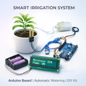 Arduino based smart irrigation system kit with soil moisture sensor, water pump, LCD display and battery setup