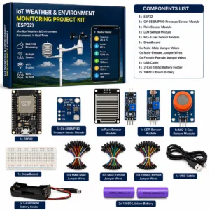 ESP32 based IoT weather and environment monitoring project kit with BMP180 rain sensor LDR sensor MQ3 sensor breadboard jumper wires and batteries