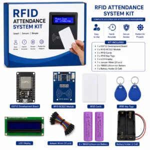 RFID attendance system project kit with ESP32 development board RC522 RFID reader cards key tags LCD display and batteries